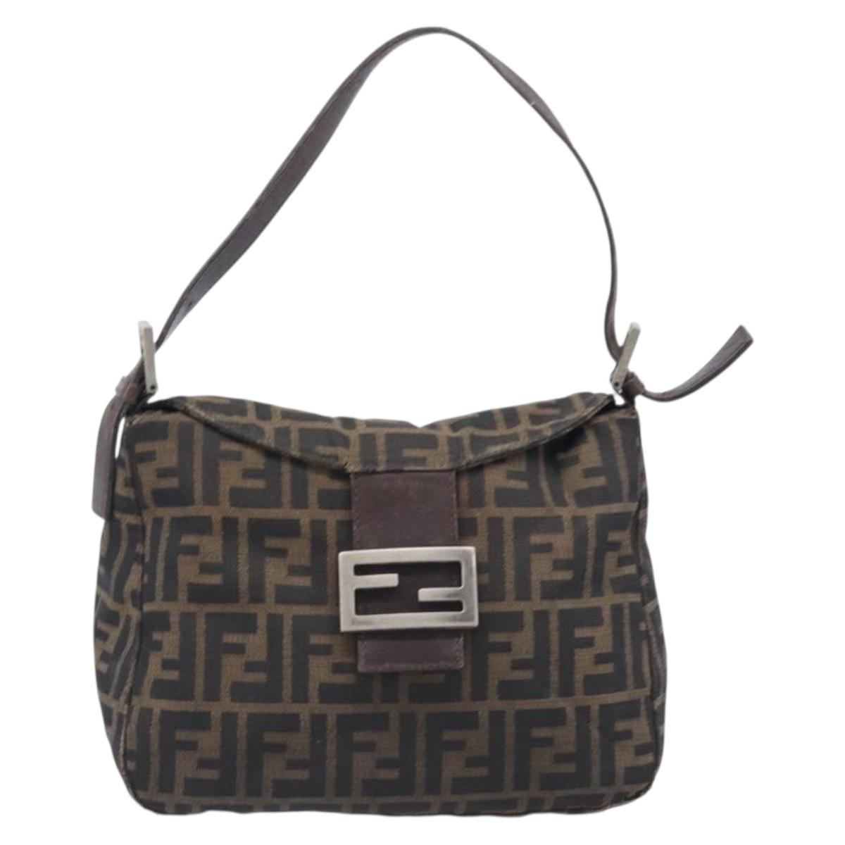 FENDI Zucca Canvas Mamma Baguette Shoulder Bag Brown Black Auth 207405