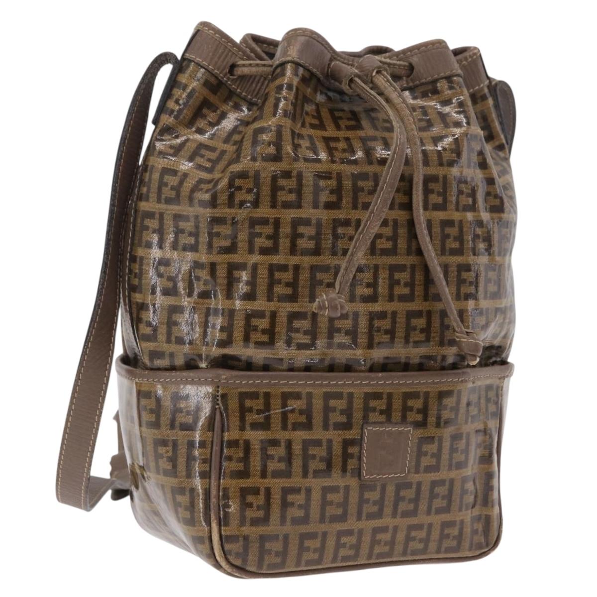 FENDI Zucchino Canvas Shoulder Bag Coated Canvas Beige Gold Auth 207406