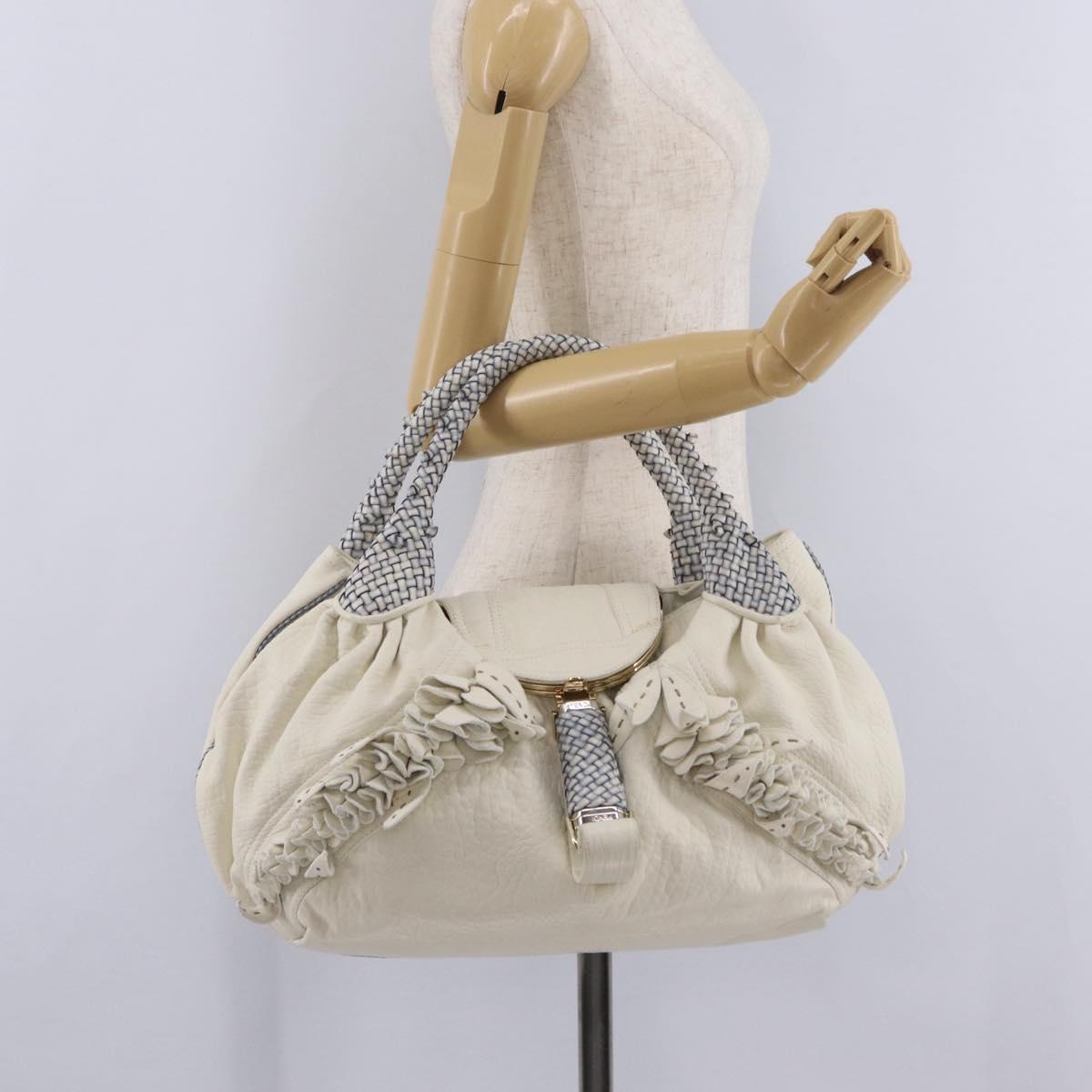FENDI Spy Bag Hand Bag Leather White Gold Auth 207411V
