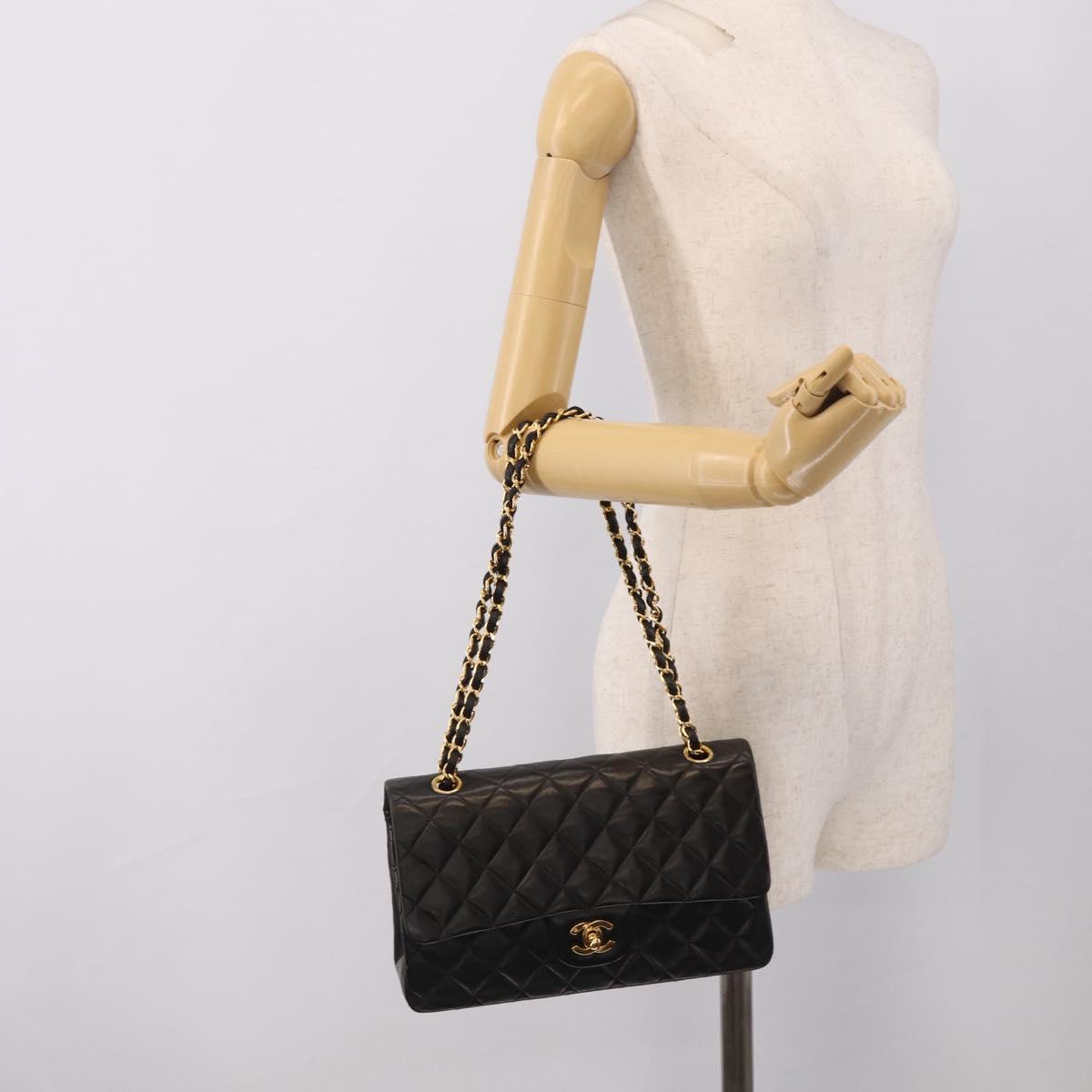 CHANEL Matelasse 25 Chain Shoulder Bag Lamb Skin Black Gold CC Auth 207421SAM