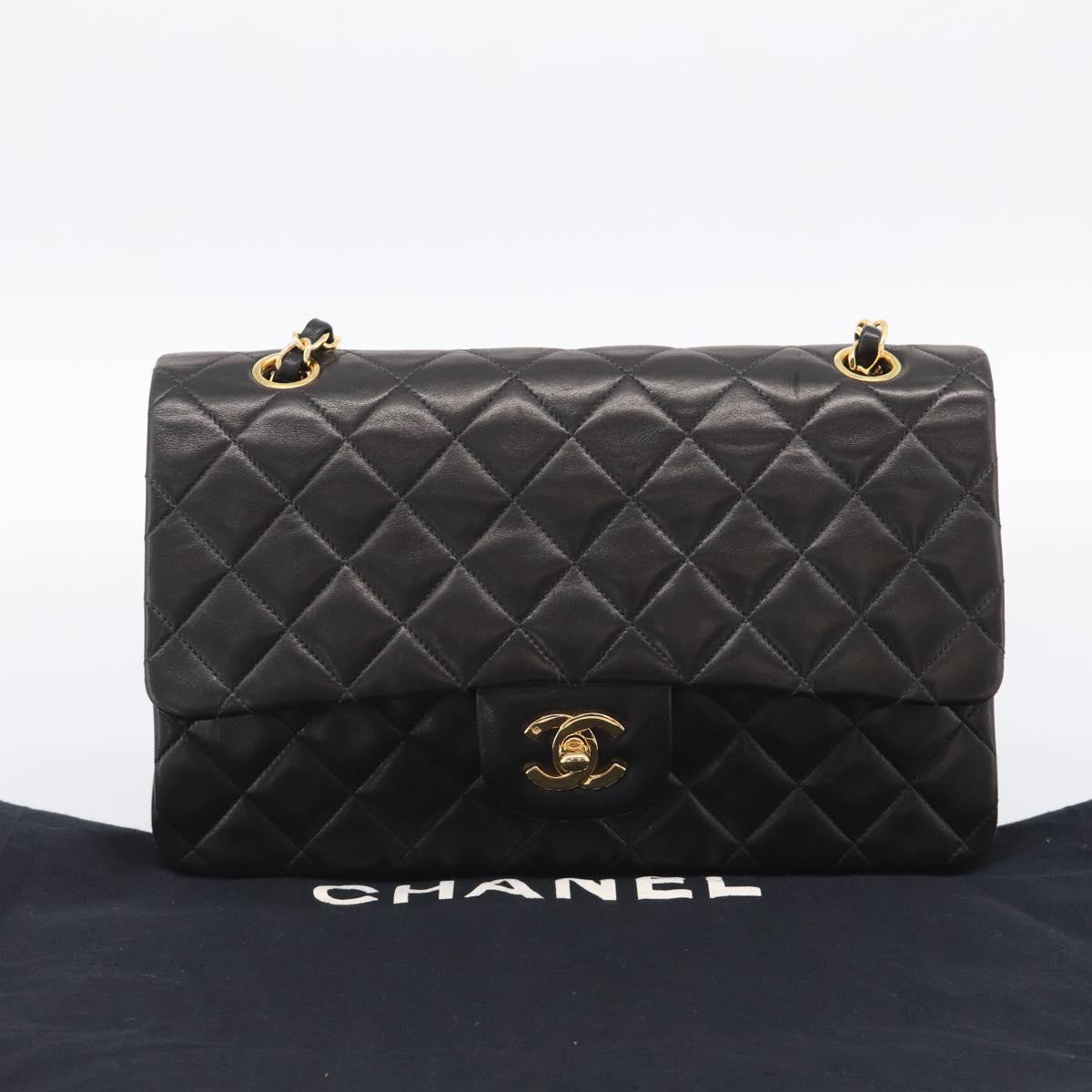 CHANEL Matelasse 25 Chain Shoulder Bag Lamb Skin Black Gold CC Auth 207421SAM