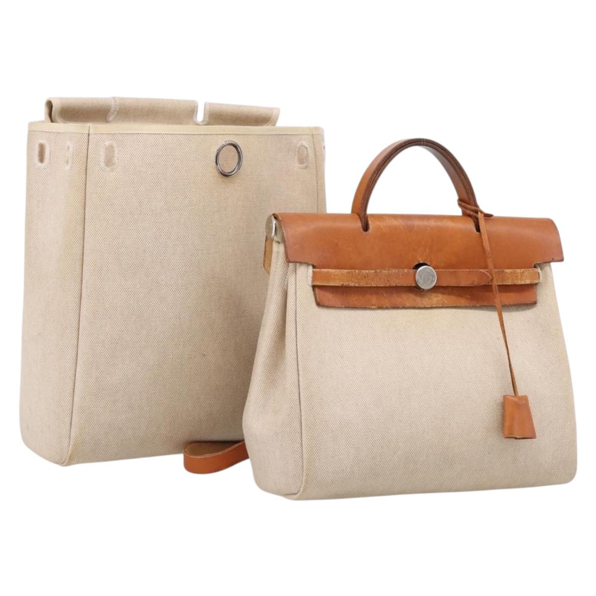 HERMES Her Bag A Dos Backpack Canvas 2way Beige Silver Auth 207431