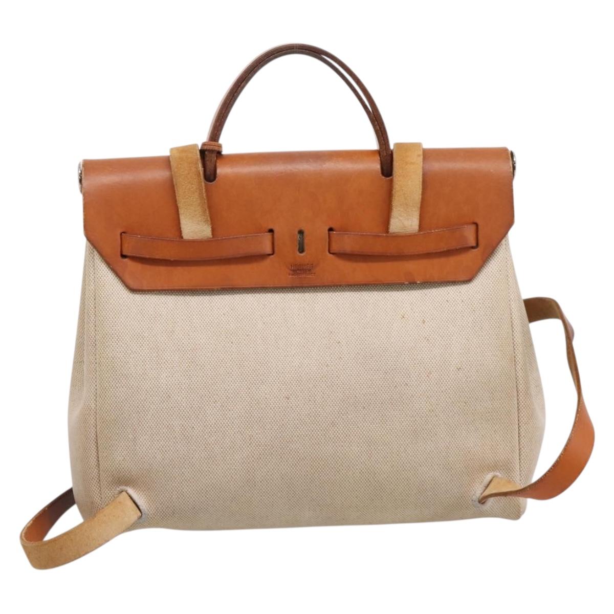HERMES Her Bag A Dos Backpack Canvas 2way Beige Silver Auth 207431