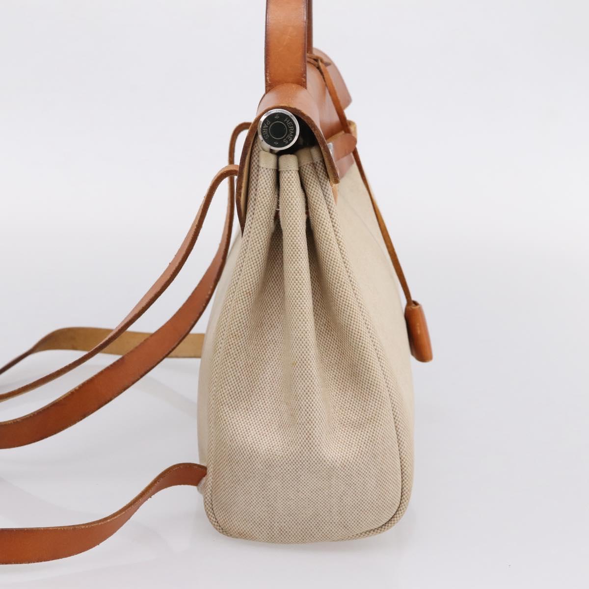 HERMES Her Bag A Dos Backpack Canvas 2way Beige Silver Auth 207431