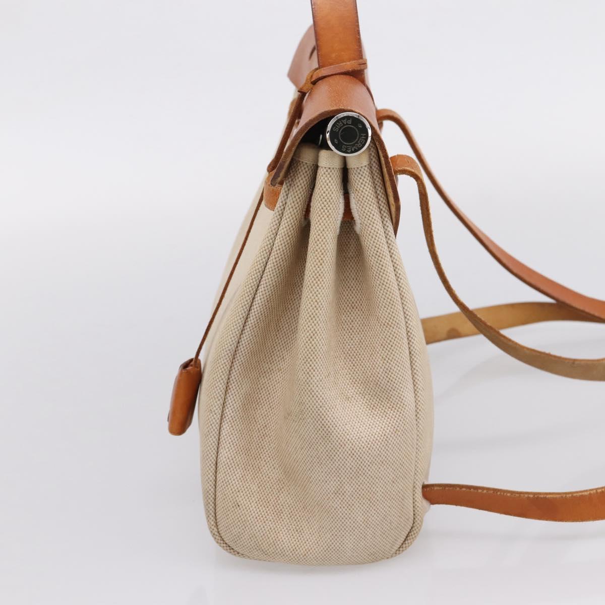 HERMES Her Bag A Dos Backpack Canvas 2way Beige Silver Auth 207431