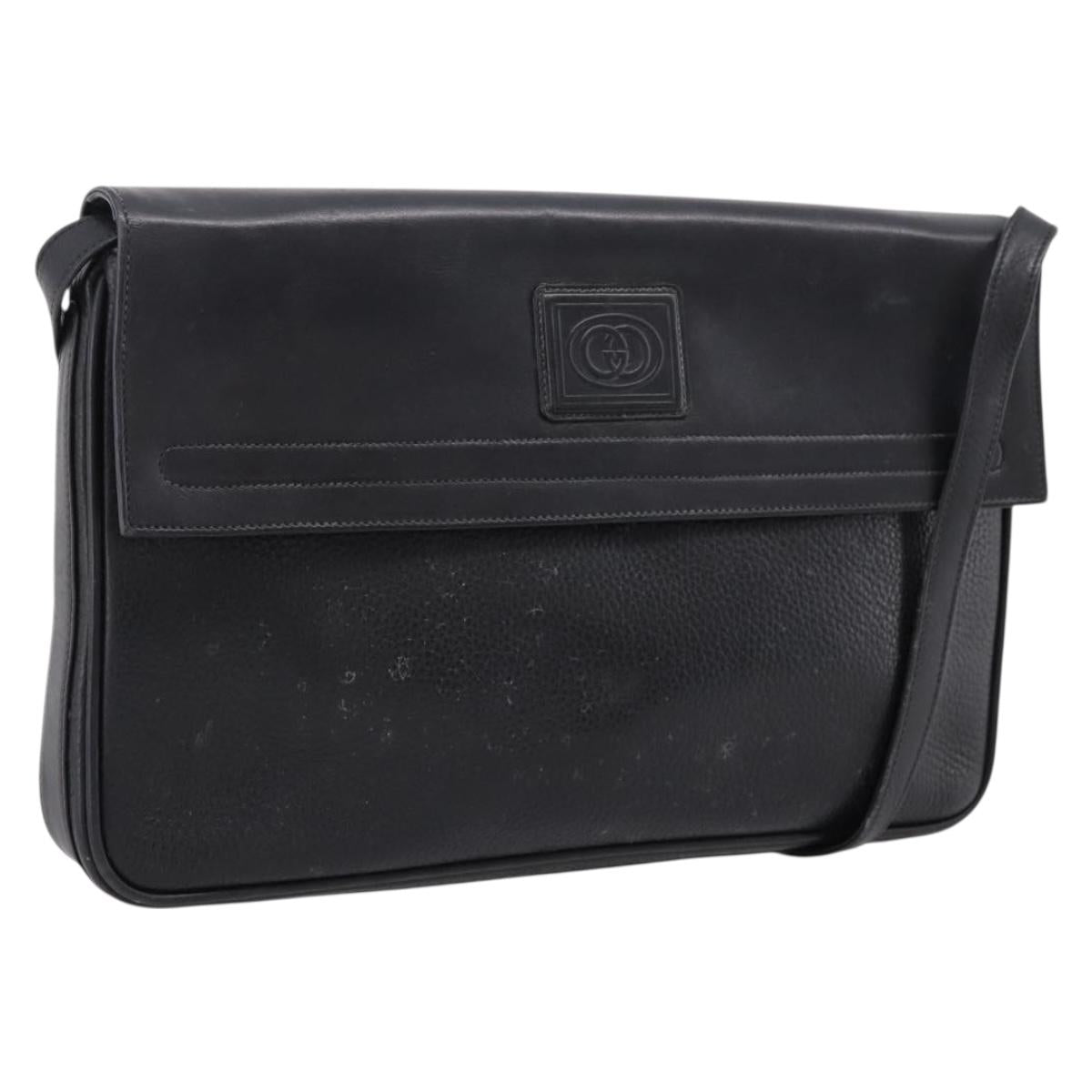 GUCCI Shoulder Bag Leather Black Gold Auth 207435