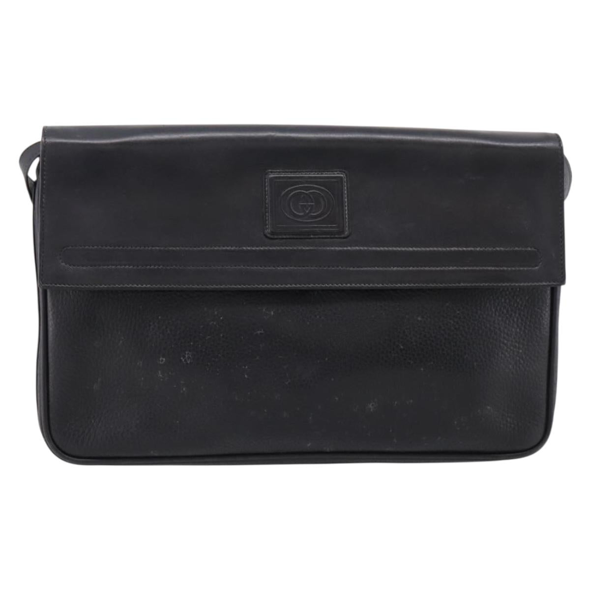 GUCCI Shoulder Bag Leather Black Gold Auth 207435