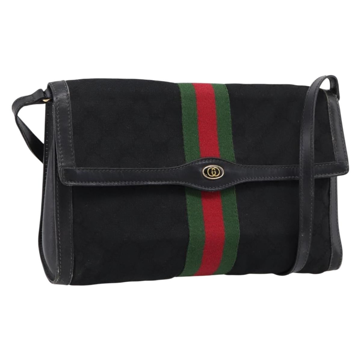 GUCCI GG Canvas Web Sherry Line Shoulder Bag Black Gold 37 04 3657 Auth 207446