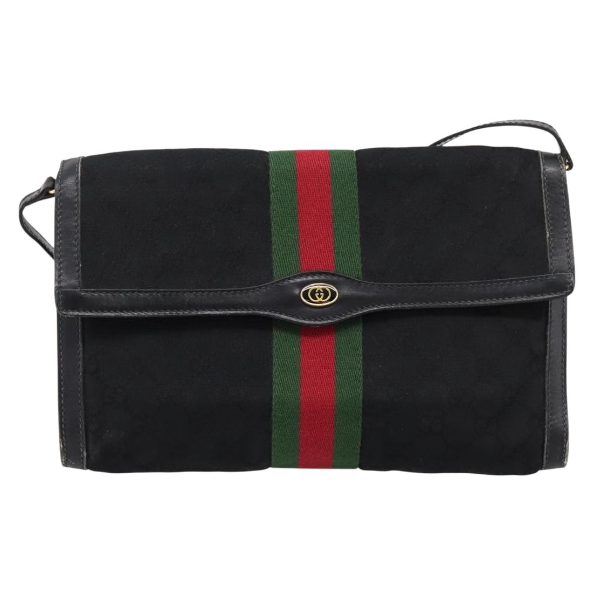 GUCCI GG Canvas Web Sherry Line Shoulder Bag Black Gold 37 04 3657 Auth 207446