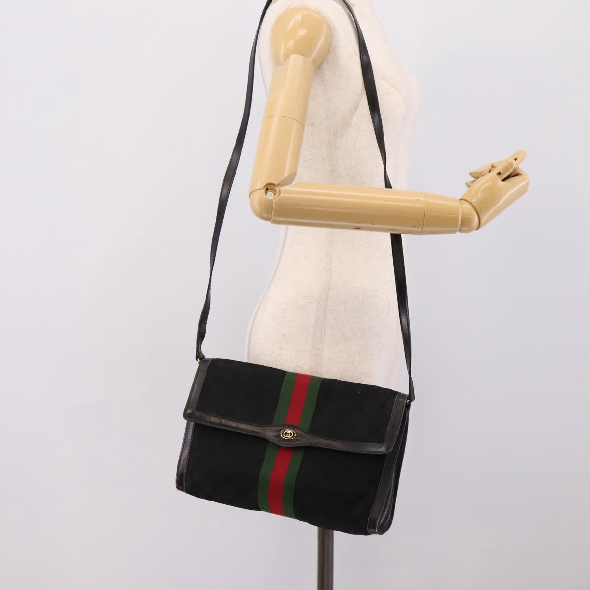 GUCCI GG Canvas Web Sherry Line Shoulder Bag Black Gold 37 04 3657 Auth 207446