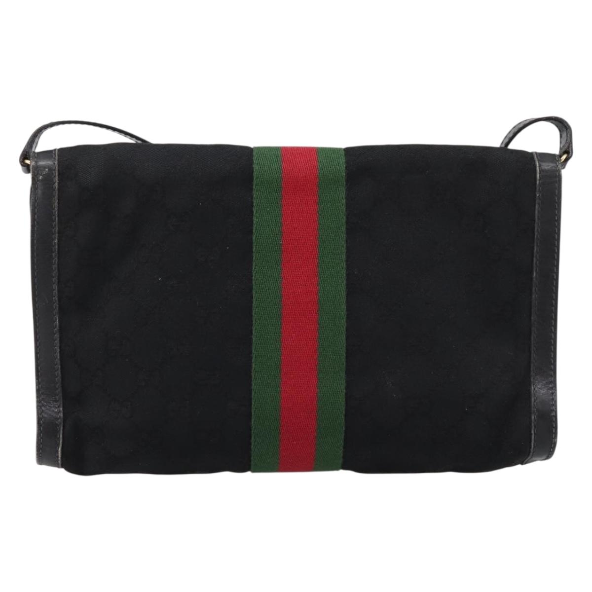 GUCCI GG Canvas Web Sherry Line Shoulder Bag Black Gold 37 04 3657 Auth 207446