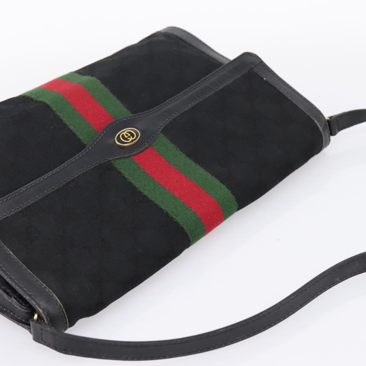GUCCI GG Canvas Web Sherry Line Shoulder Bag Black Gold 37 04 3657 Auth 207446