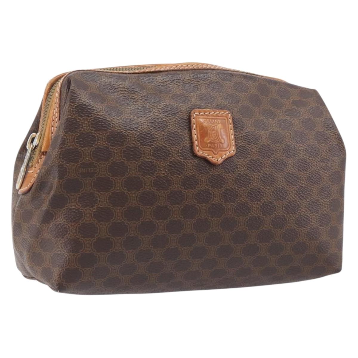 CELINE Macadam Canvas Pouch PVC Leather Brown Gold Auth 207448