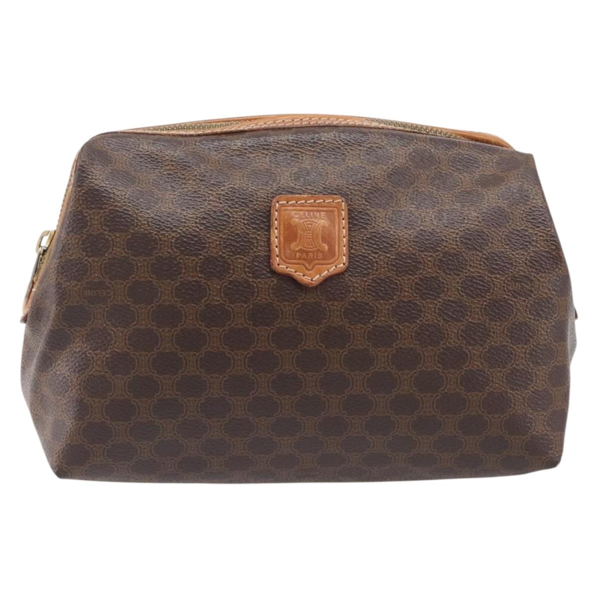 CELINE Macadam Canvas Pouch PVC Leather Brown Gold Auth 207448
