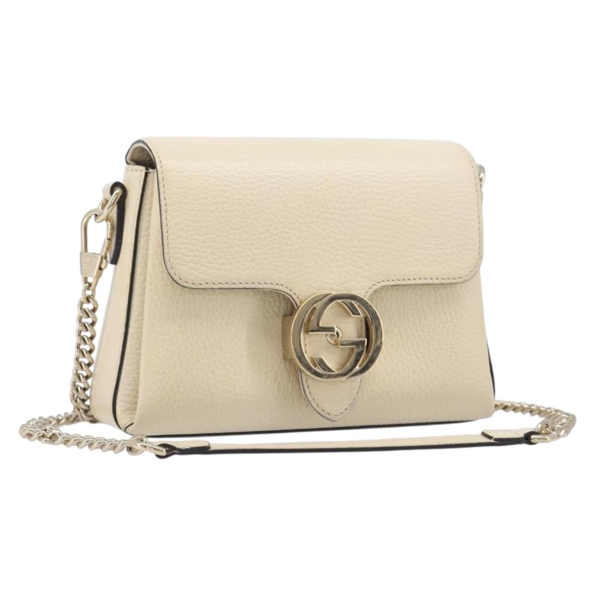 GUCCI Interlocking G Chain Shoulder Bag Leather White Gold 607720 Auth 207449V