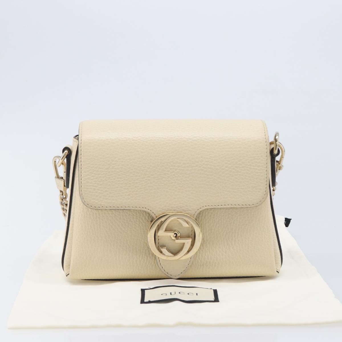 GUCCI Interlocking G Chain Shoulder Bag Leather White Gold 607720 Auth 207449V