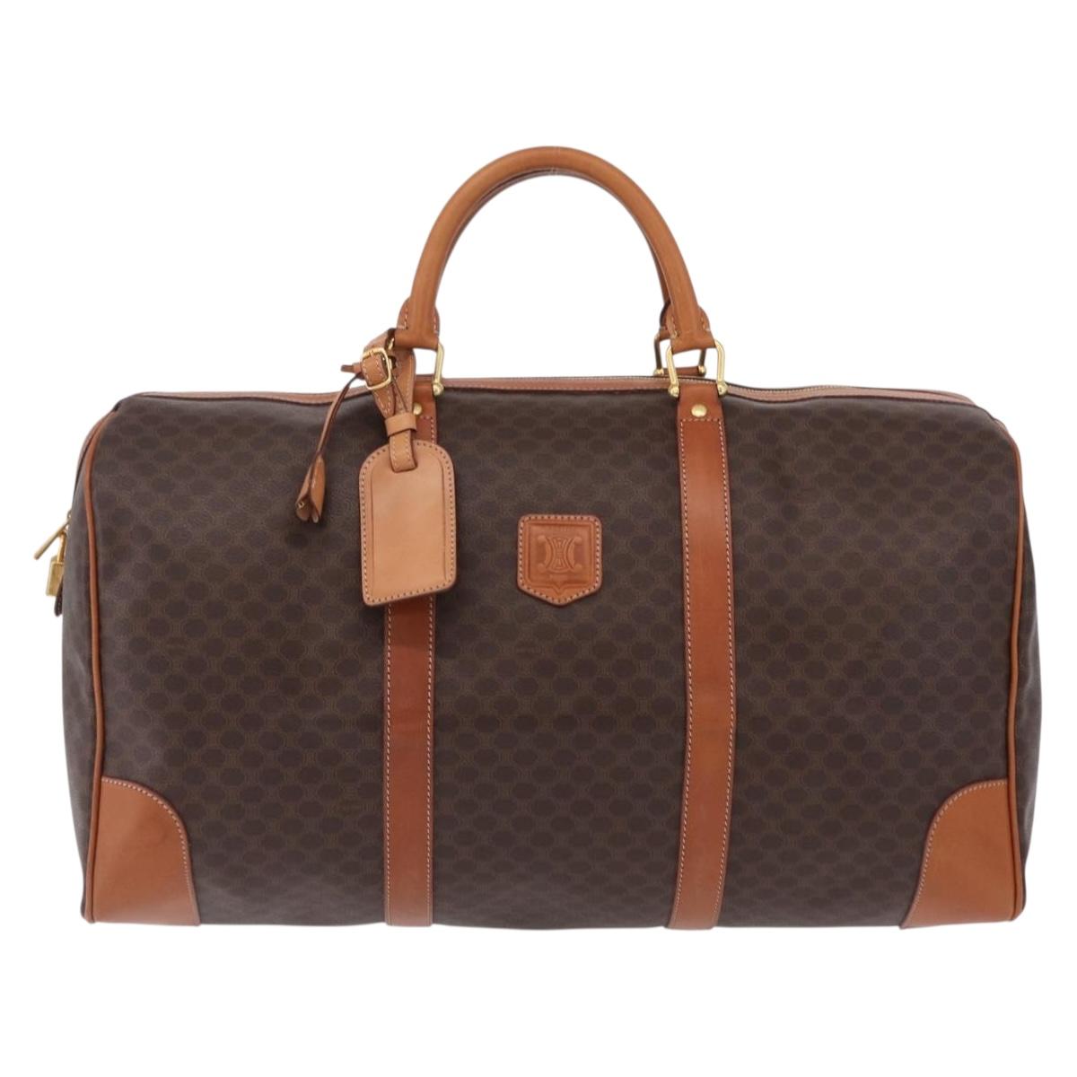CELINE Macadam Canvas Boston Bag PVC Leather Brown Gold Auth 207455V