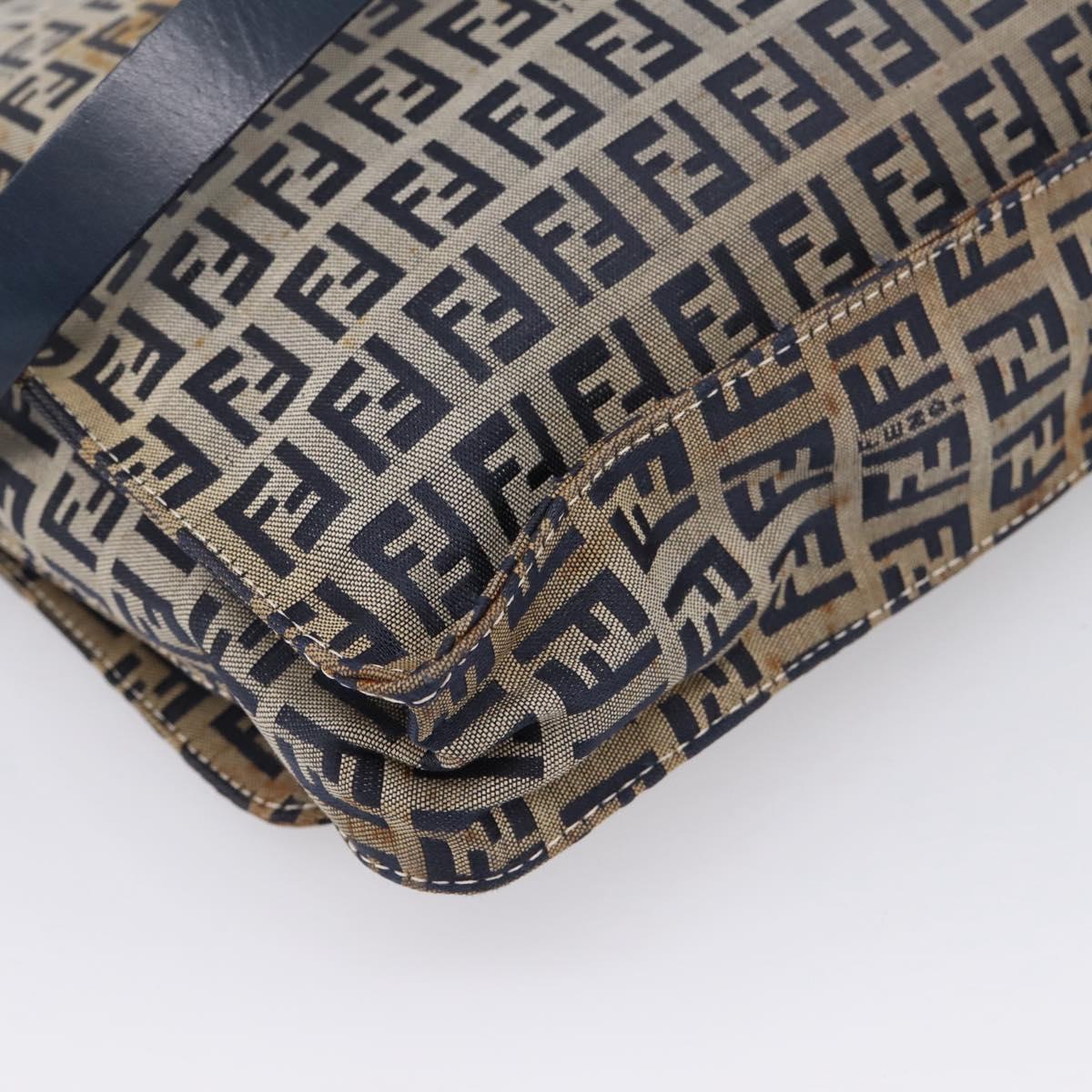 FENDI Zucchino Canvas Shoulder Bag Navy Silver Auth 207459