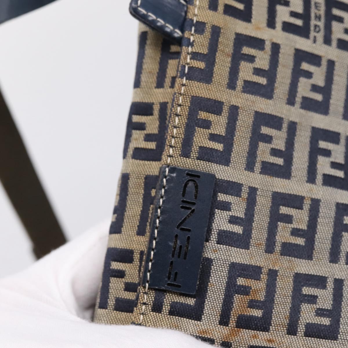 FENDI Zucchino Canvas Shoulder Bag Navy Silver Auth 207459