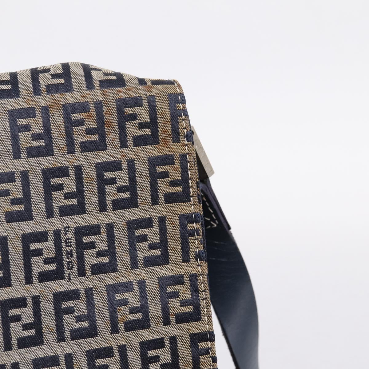 FENDI Zucchino Canvas Shoulder Bag Navy Silver Auth 207459