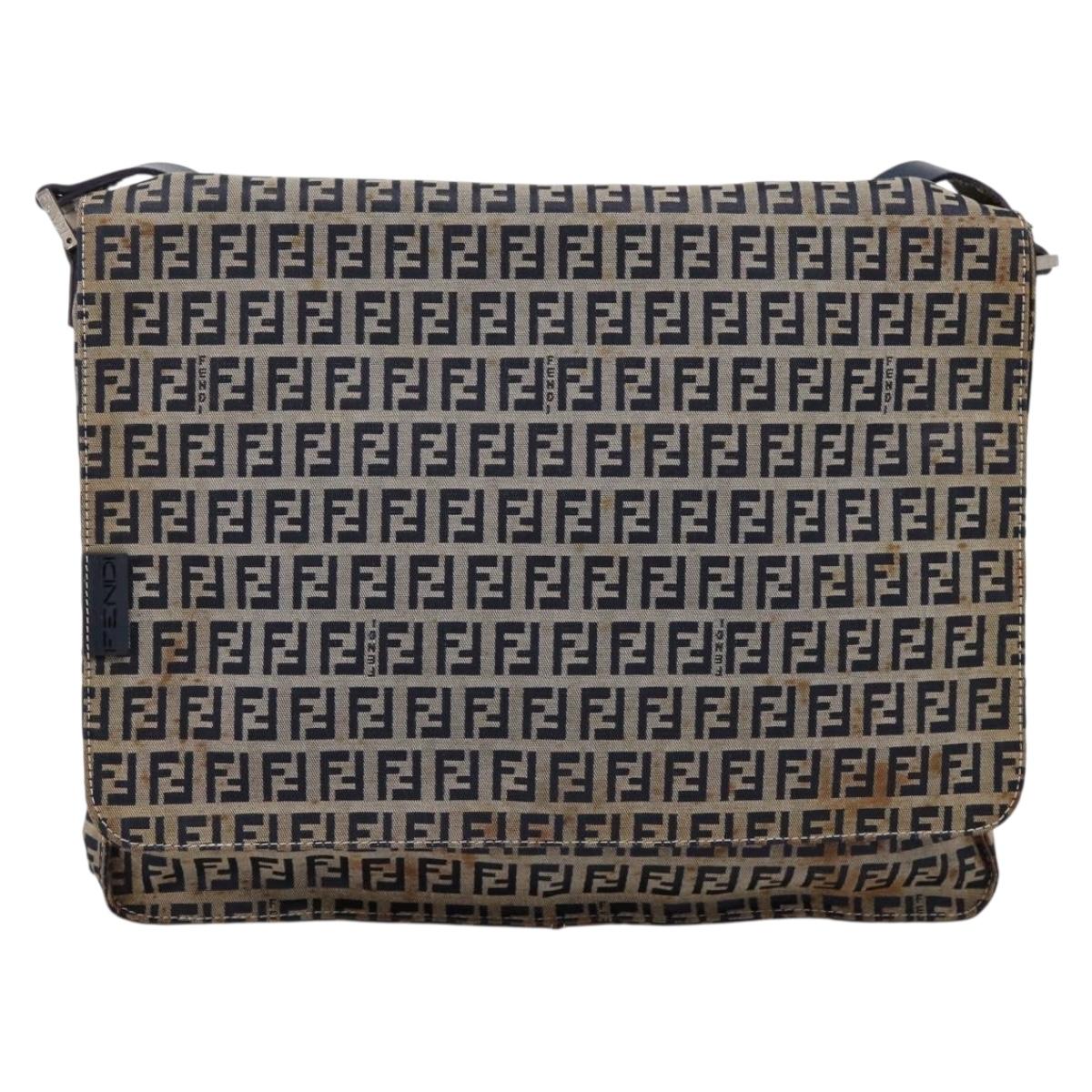 FENDI Zucchino Canvas Shoulder Bag Navy Silver Auth 207459