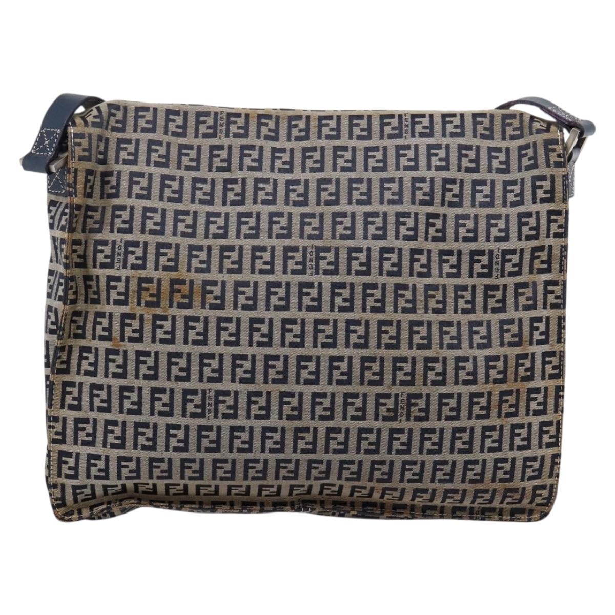 FENDI Zucchino Canvas Shoulder Bag Navy Silver Auth 207459