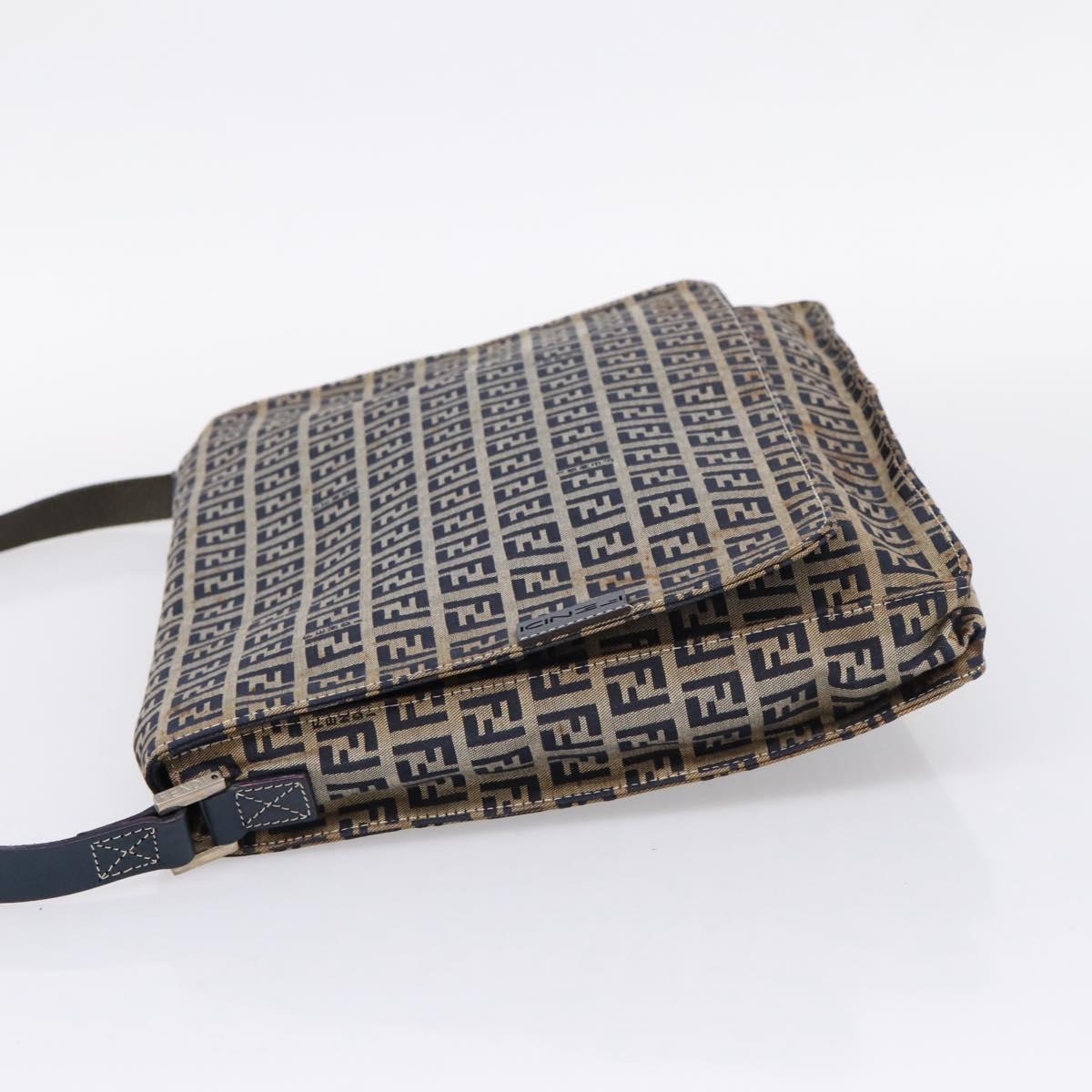 FENDI Zucchino Canvas Shoulder Bag Navy Silver Auth 207459