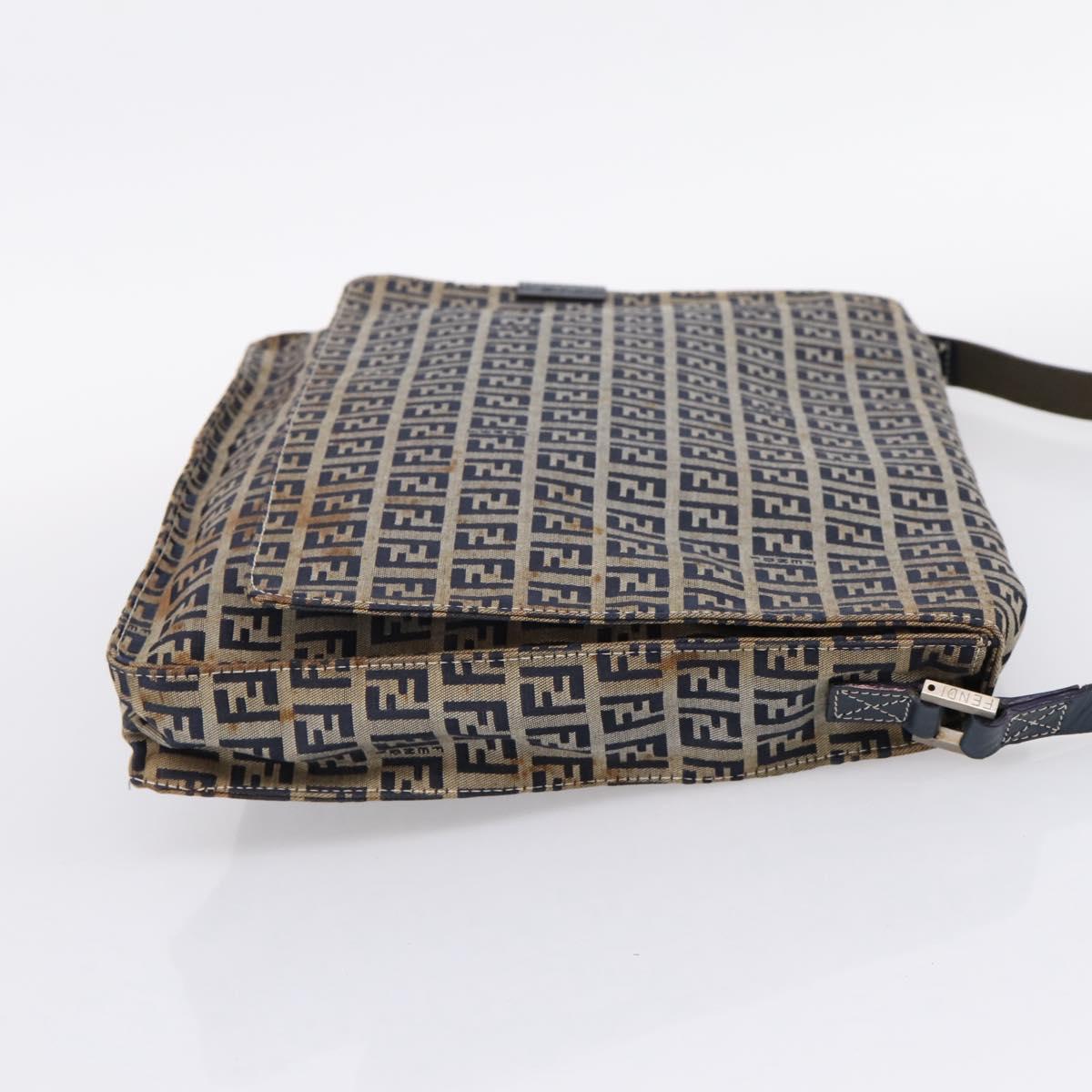 FENDI Zucchino Canvas Shoulder Bag Navy Silver Auth 207459