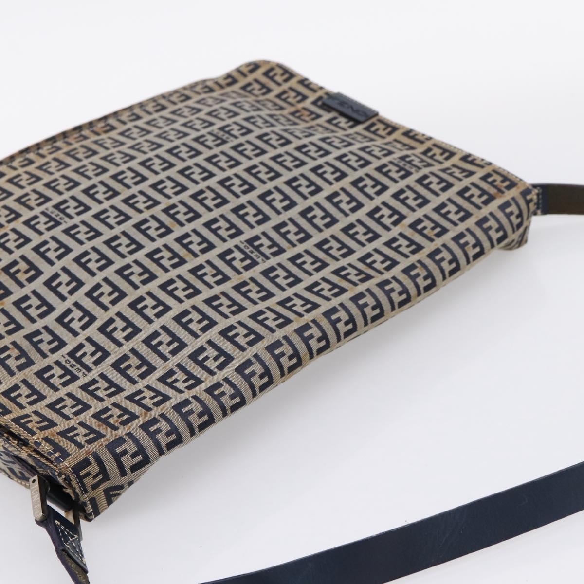 FENDI Zucchino Canvas Shoulder Bag Navy Silver Auth 207459