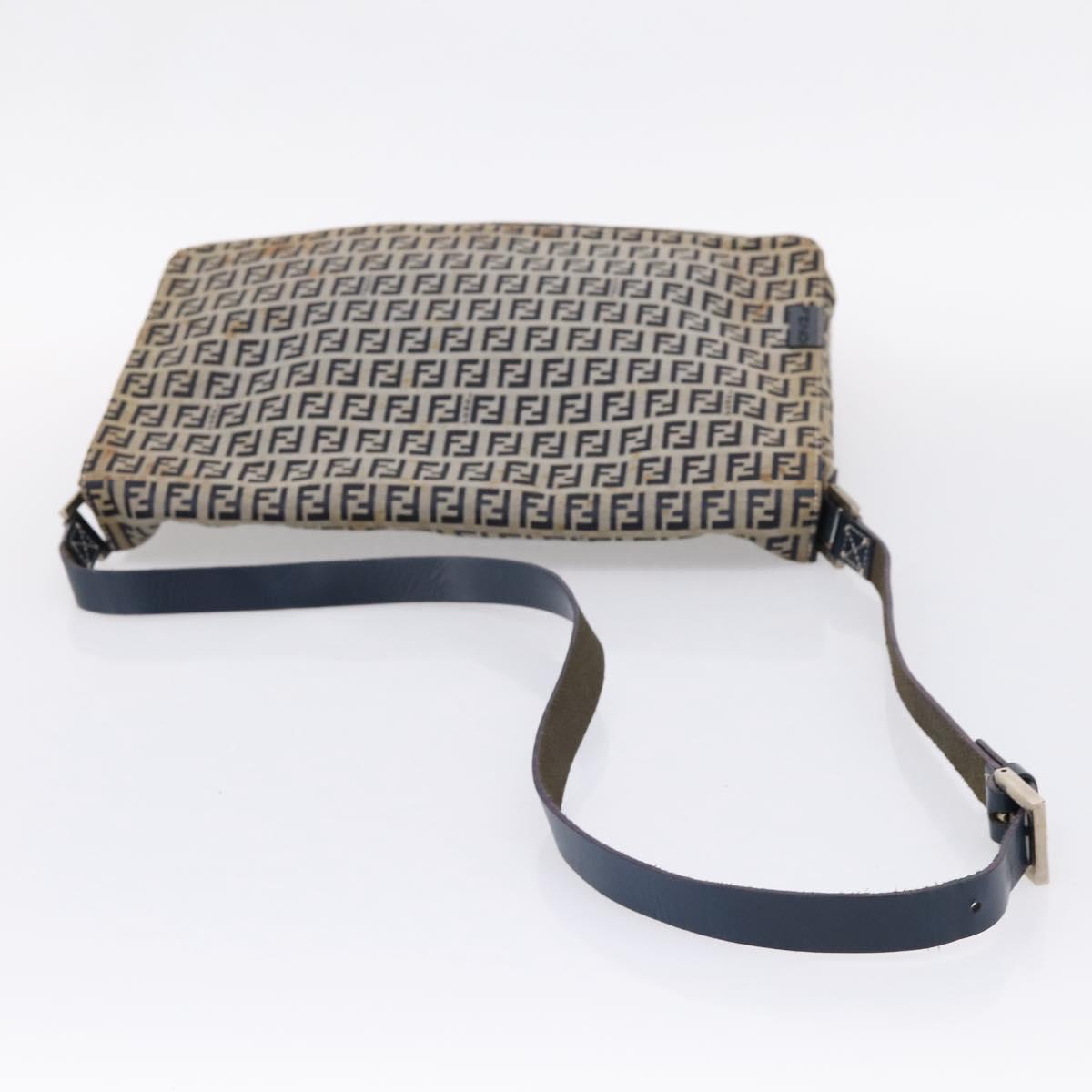 FENDI Zucchino Canvas Shoulder Bag Navy Silver Auth 207459