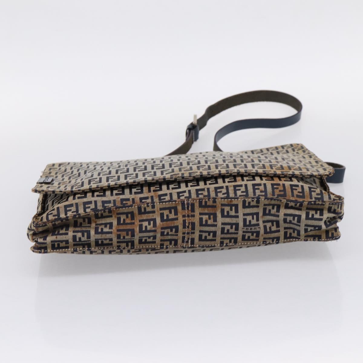 FENDI Zucchino Canvas Shoulder Bag Navy Silver Auth 207459