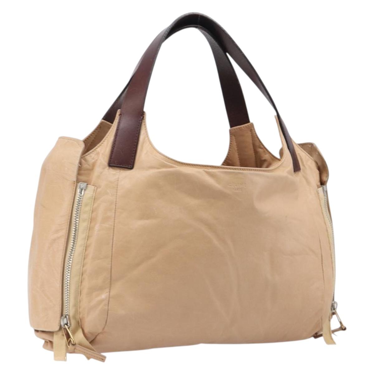 CELINE Tote Bag Leather Beige Silver Auth 207461A