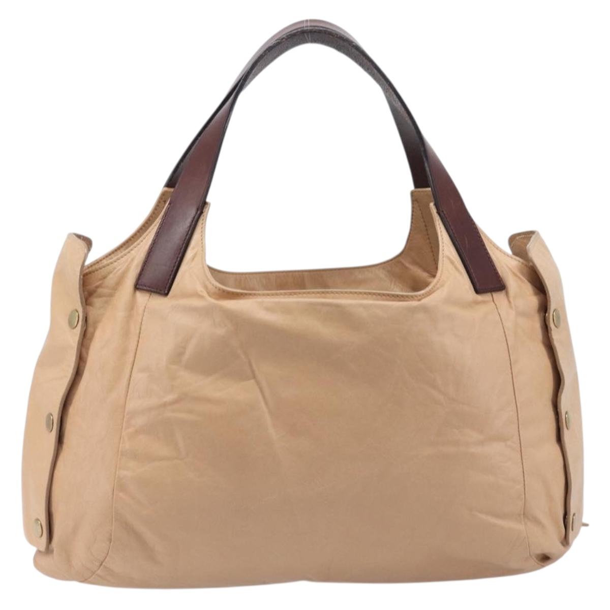 CELINE Tote Bag Leather Beige Silver Auth 207461A