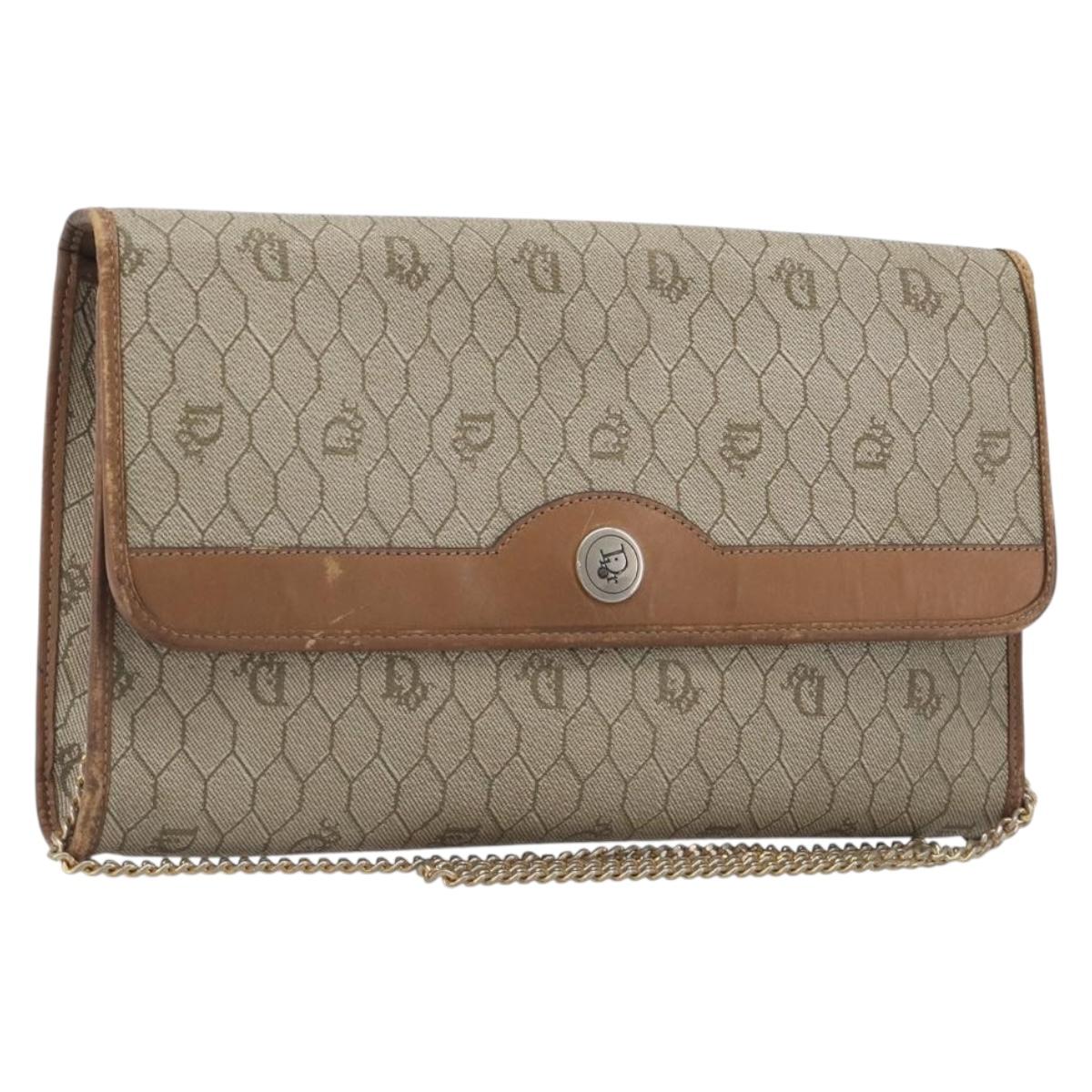 Christian Dior Honeycomb Canvas Chain Shoulder Bag PVC Beige Gold Auth 207466