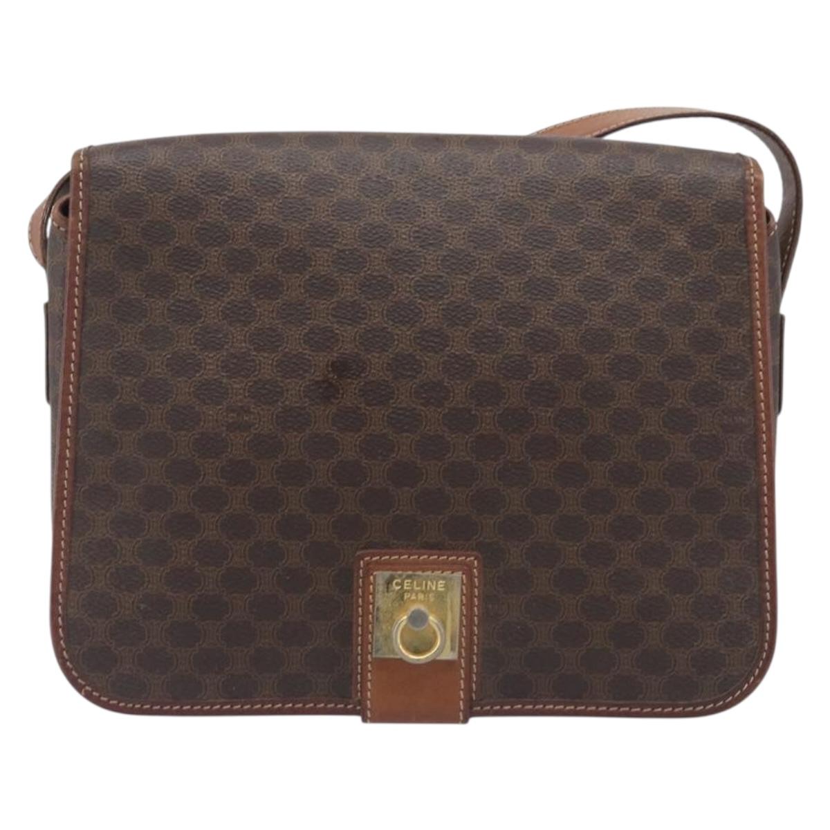 CELINE Macadam Canvas Shoulder Bag PVC Leather Brown Gold Auth 207469