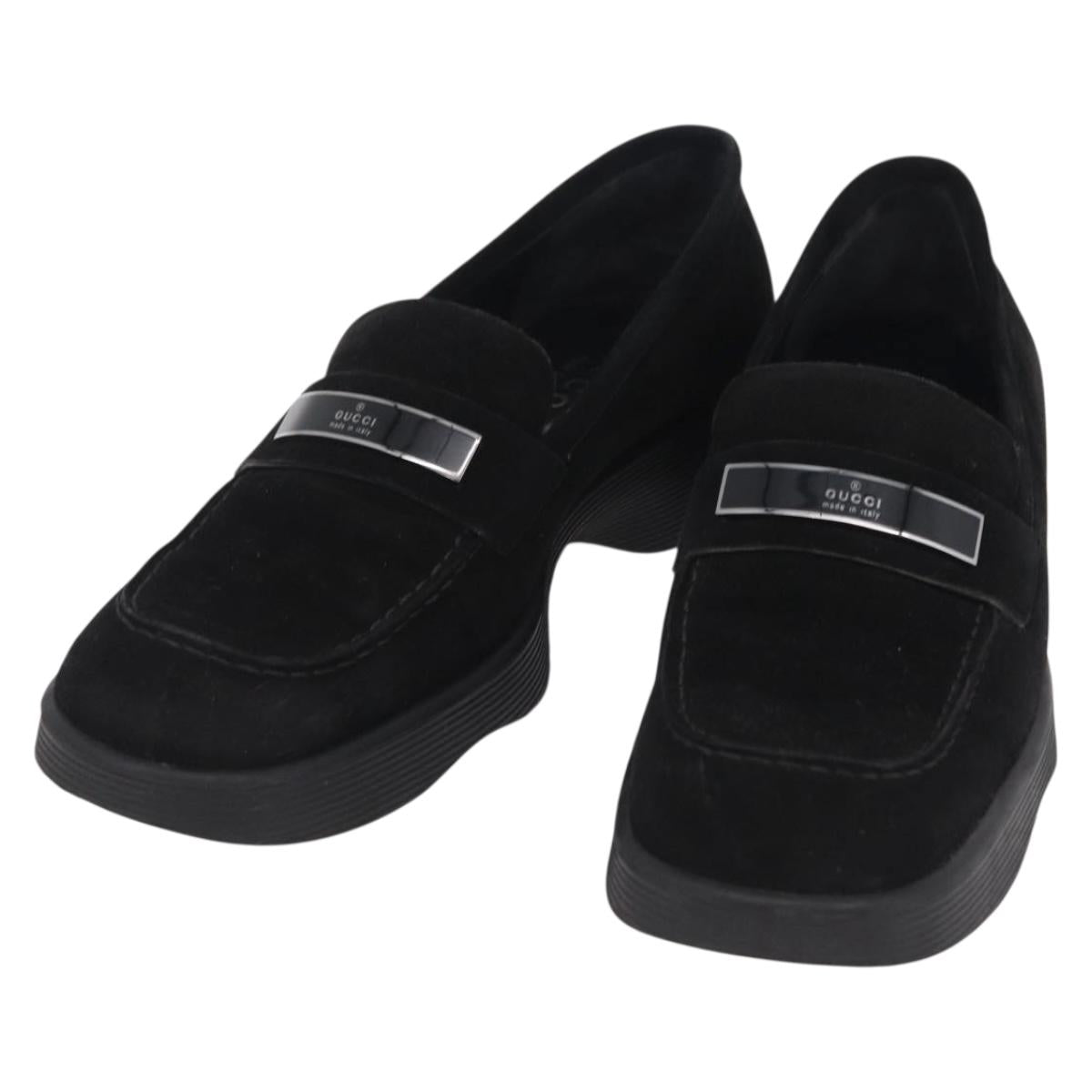 GUCCI Loafers Suede 25.5 cm Black Silver Auth 207479V