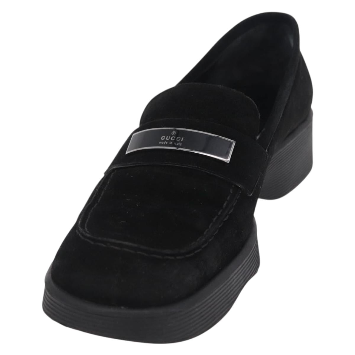 GUCCI Loafers Suede 25.5 cm Black Silver Auth 207479V