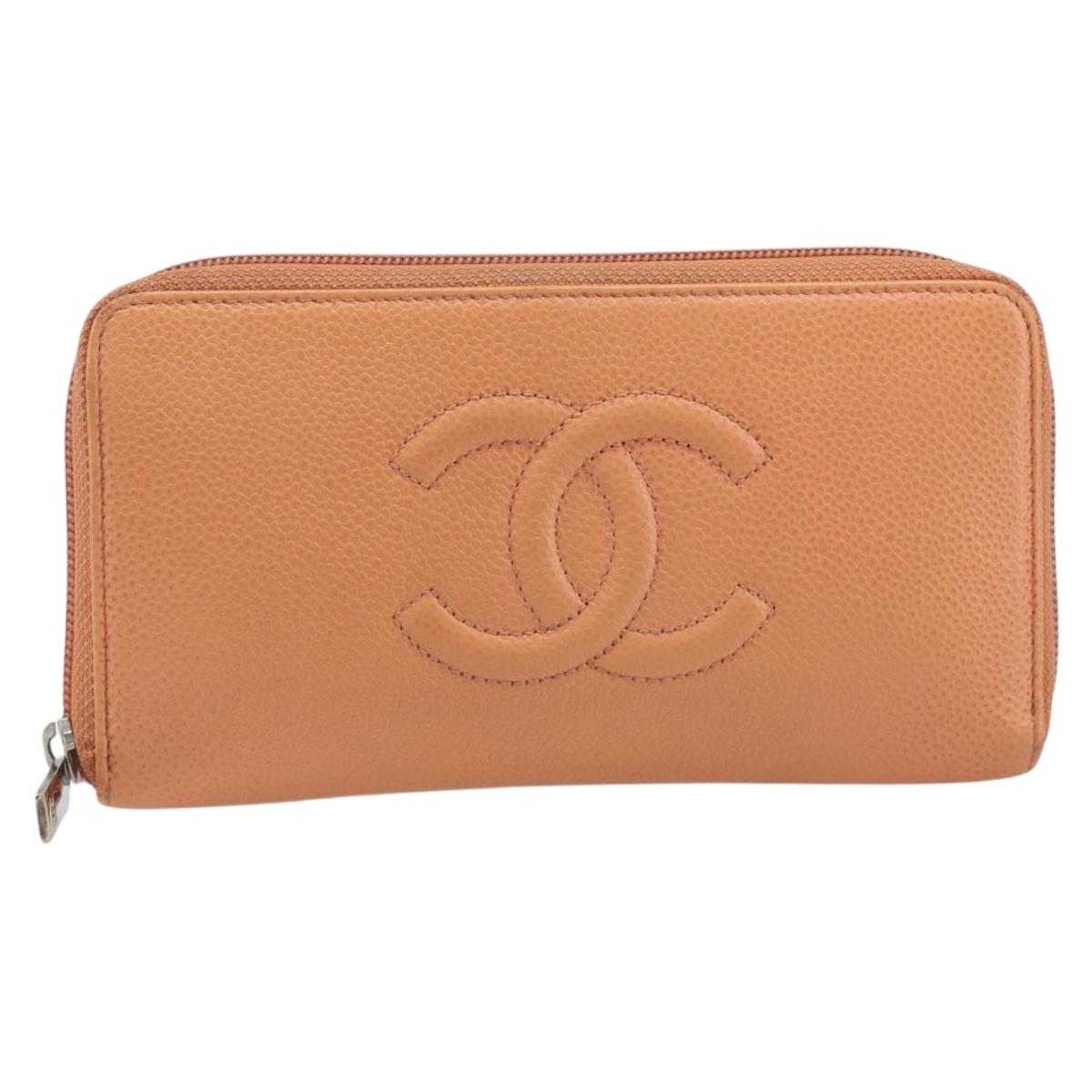 CHANEL Wallet Caviar Skin Orange Silver CC Auth 207480