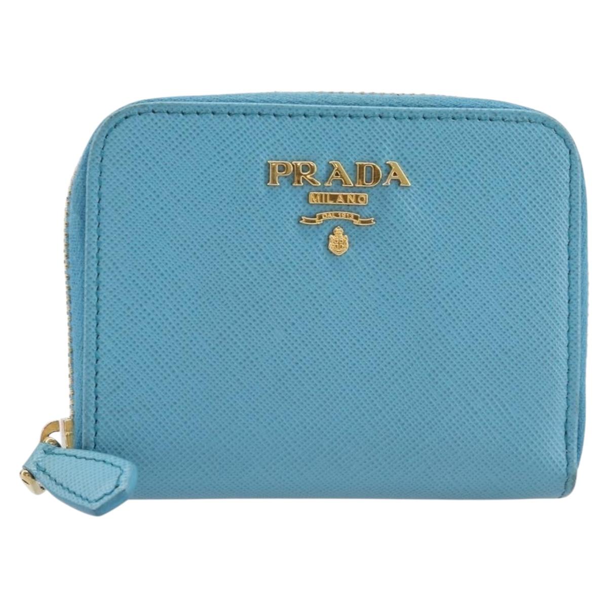 PRADA Coin Purse Safiano Leather Light Blue Gold Auth 207493V