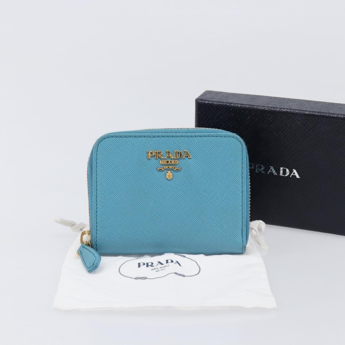 PRADA Coin Purse Safiano Leather Light Blue Gold Auth 207493V