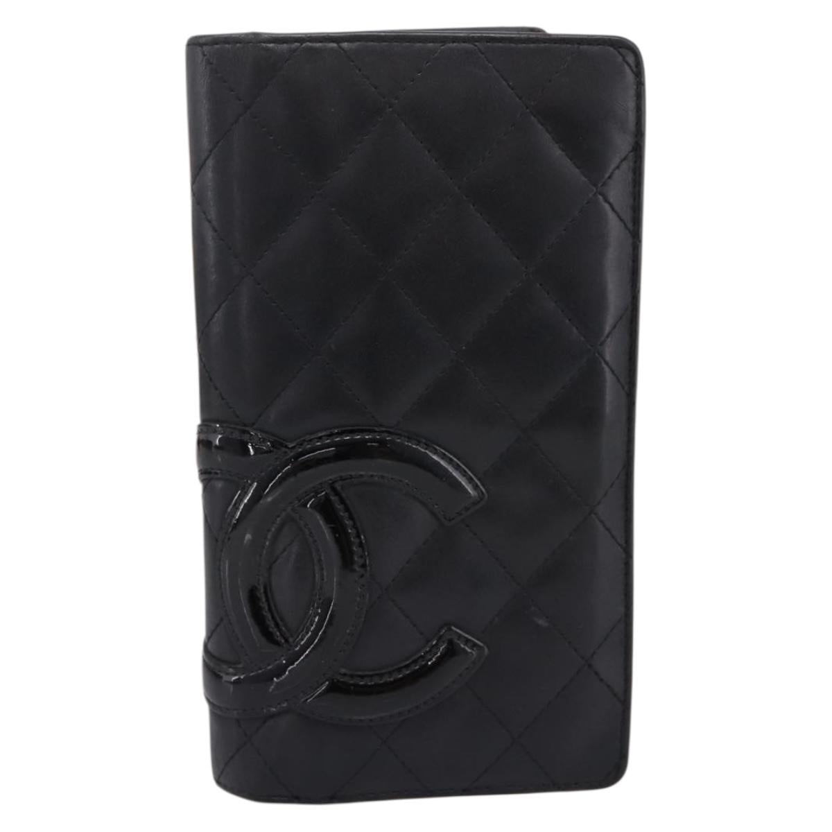CHANEL Matelasse Cambon Line Long Wallet Lamb Skin Black CC Auth 207495