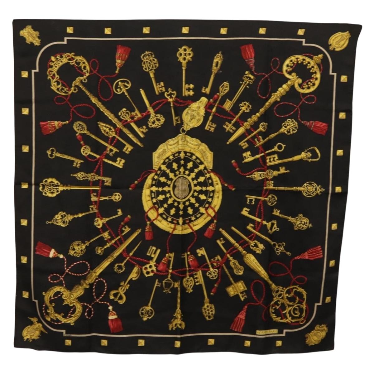 HERMES Carre 90 Scarf ""LES CLES"" Silk Black Auth 207504