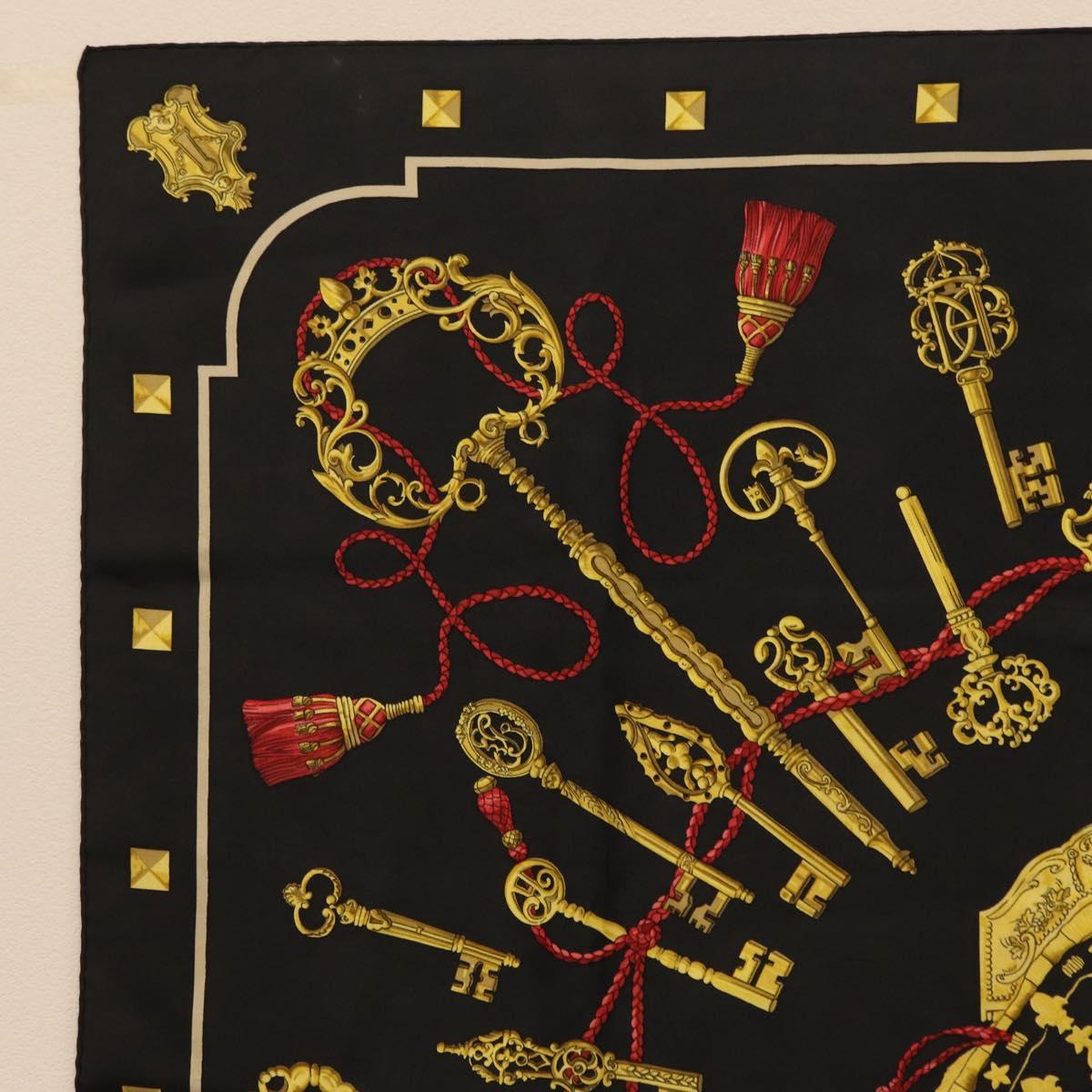 HERMES Carre 90 Scarf ""LES CLES"" Silk Black Auth 207504