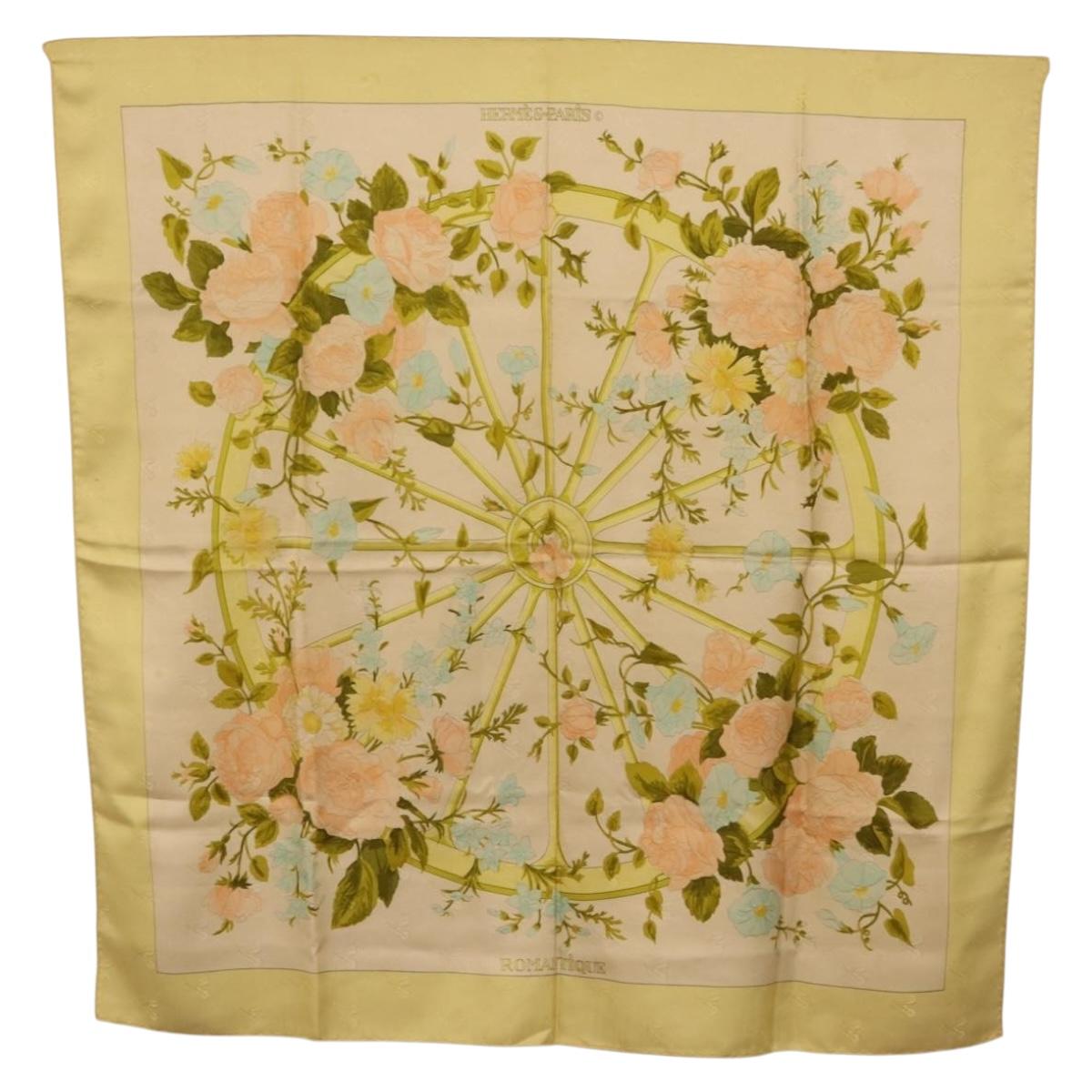 HERMES Carre 90 Scarf ""ROMANTIQUE Foulard Soie Vert Rose blanc"" Auth 207505