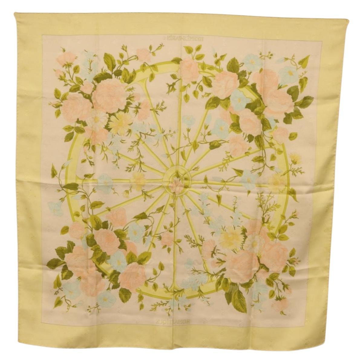 HERMES Carre 90 Scarf ""ROMANTIQUE Foulard Soie Vert Rose blanc"" Auth 207505