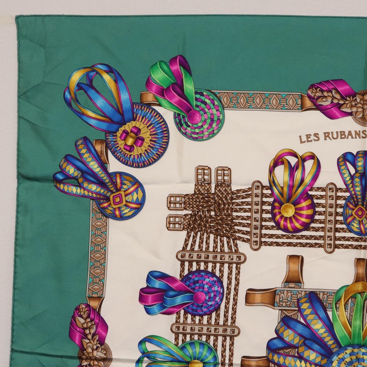 HERMES Carre 90 Scarf ""LES RUBANS DU CHEVALL"" Silk Green Auth 207507