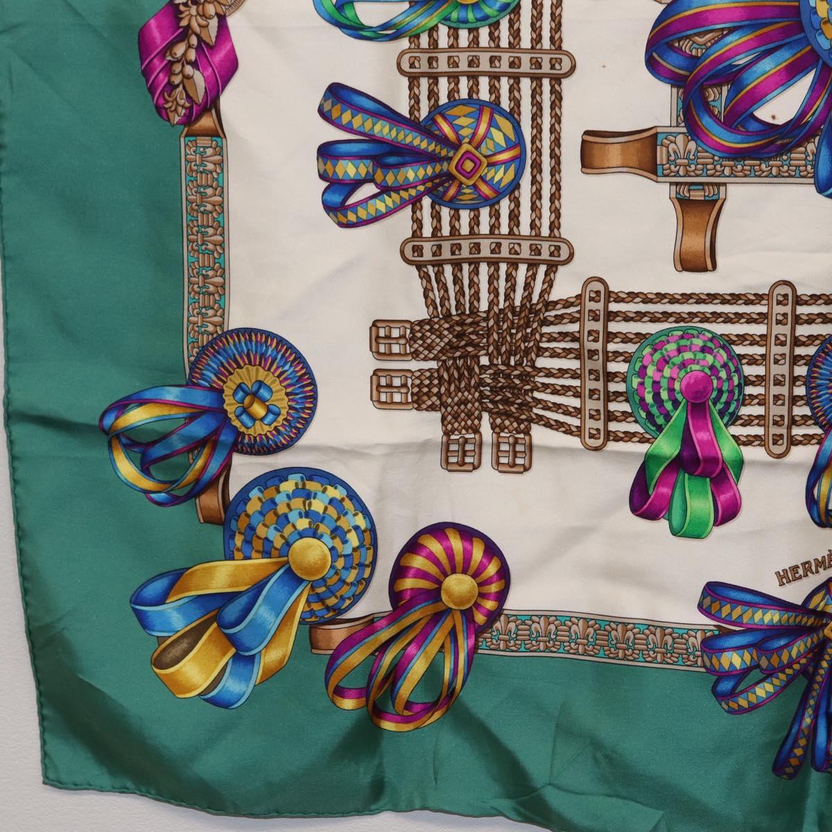 HERMES Carre 90 Scarf ""LES RUBANS DU CHEVALL"" Silk Green Auth 207507