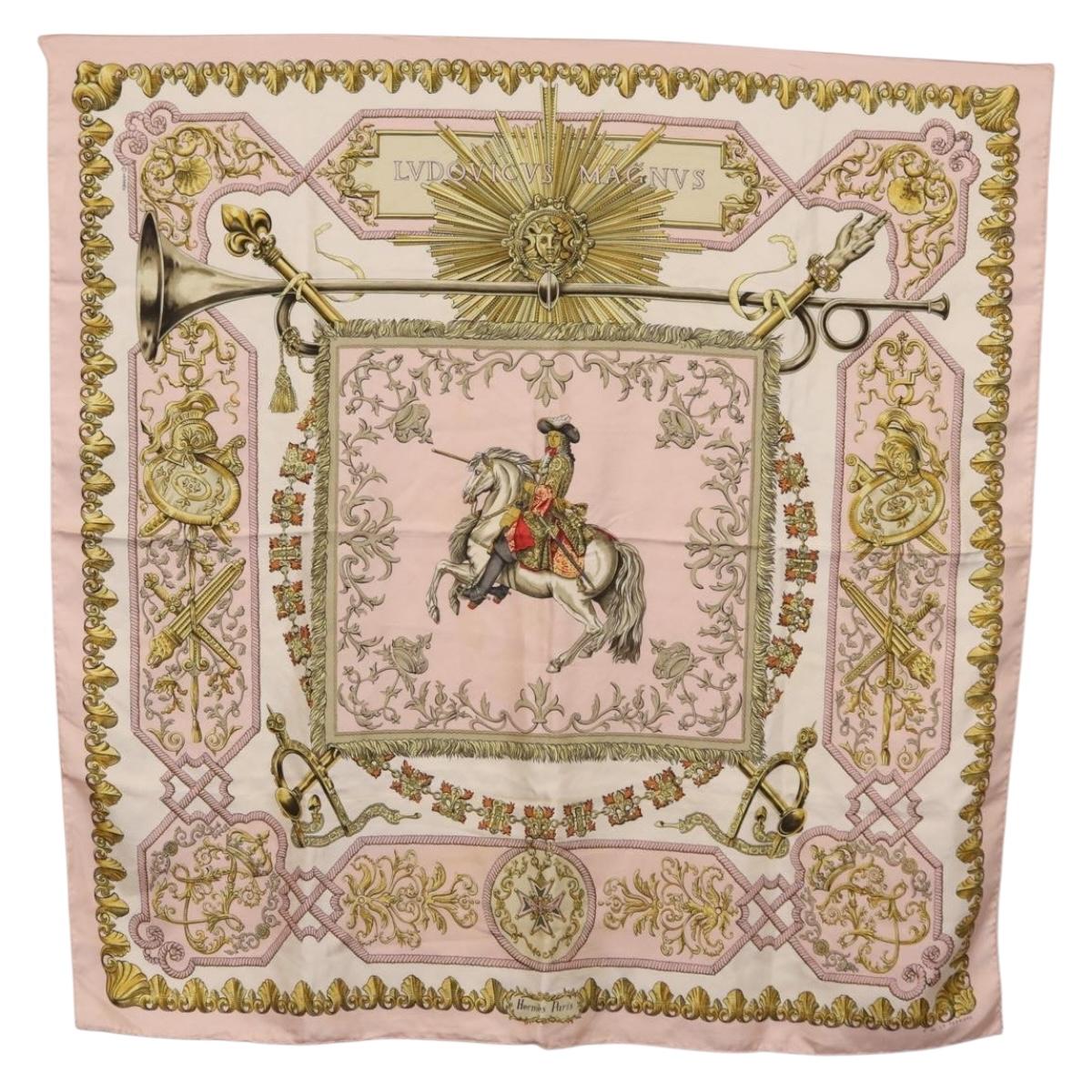 HERMES Carre 90 Scarf ""LVDOVICVS MAGNVS"" Silk Pink Auth 207508