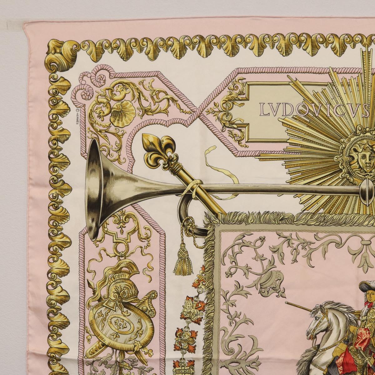 HERMES Carre 90 Scarf ""LVDOVICVS MAGNVS"" Silk Pink Auth 207508