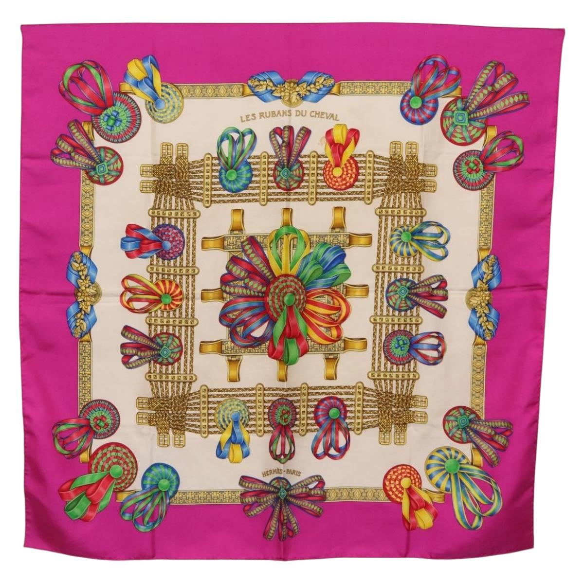 HERMES Carre 90 Scarf ""LES RUBANS DU CHEVAL"" Silk Purple Auth 207509